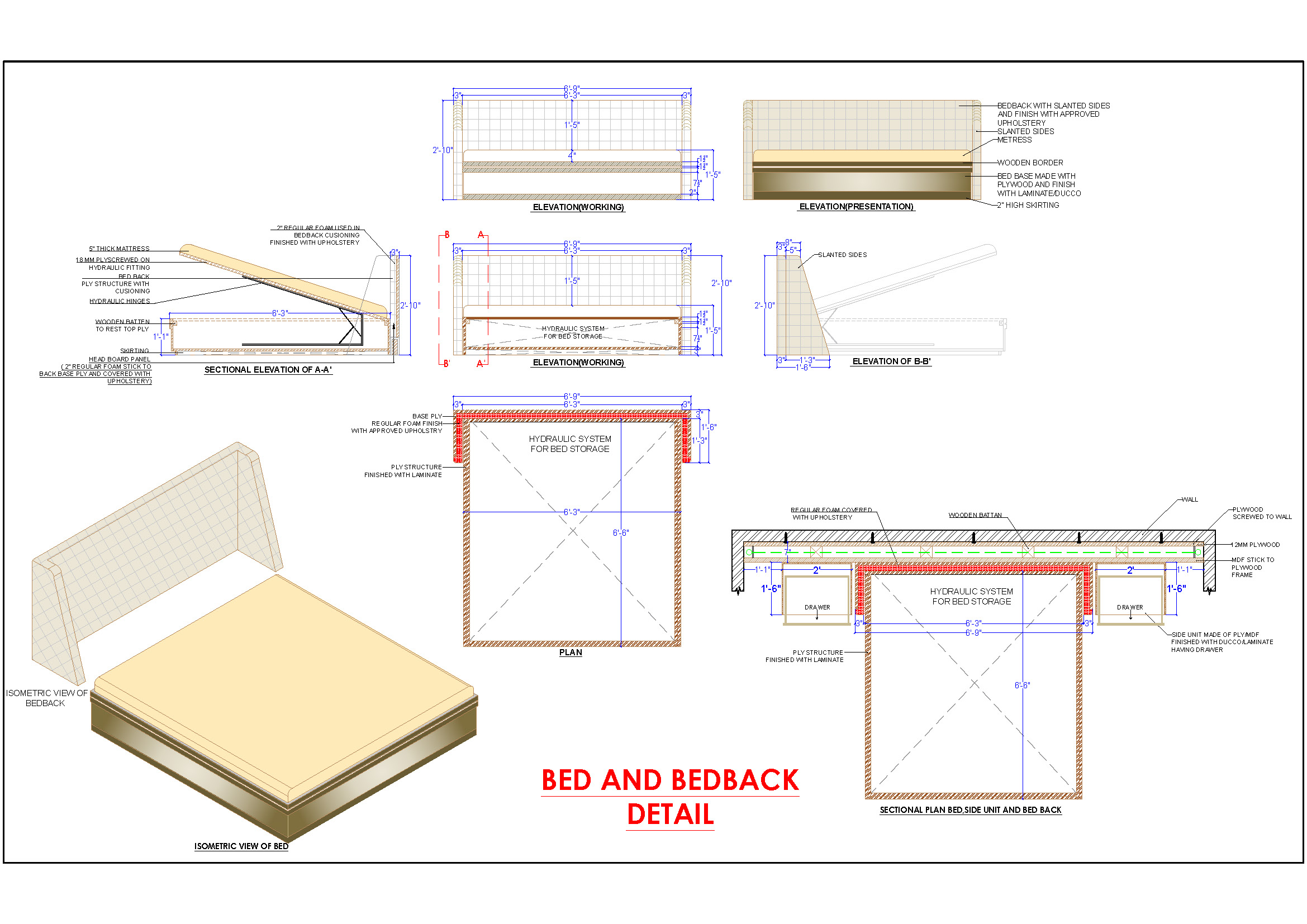 Double Bed Design with Tufted Headboard CAD Detail